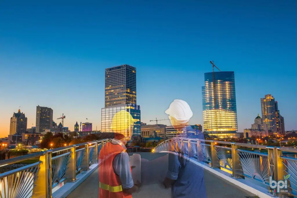 AEC News Blog Banner featuring a scenic evening view of downtown Milwaukee with ghosted silhouettes of construction professionals and BPI Color logo in the corner.