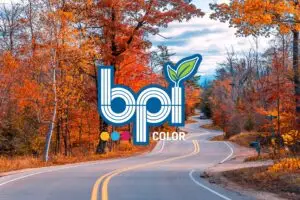 November 2024 Newsletter Banner featuring a winding road through vibrant fall foliage with the BPI Color logo centered over a scenic autumn landscape.