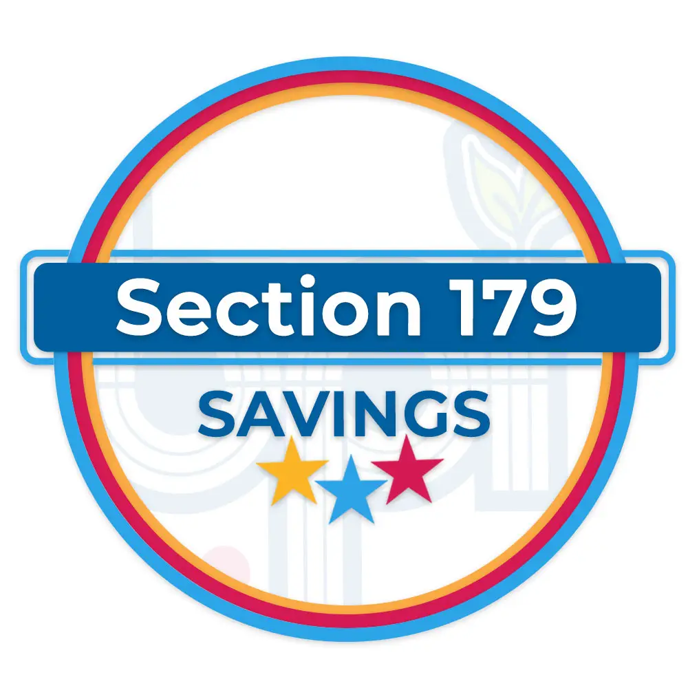 Section 179 Graphic featuring a circular badge with red, yellow, and blue stars, and bold text reading “Section 179 Savings” on a white background.