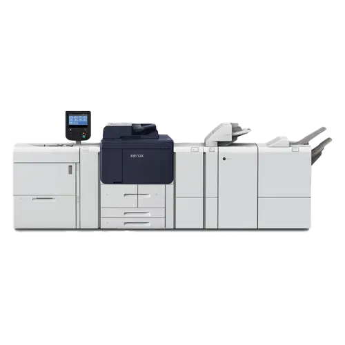 Xerox PrimeLink B9100 Series production printer shown in a front-facing view with full finishing modules for high-volume, professional-grade printing.