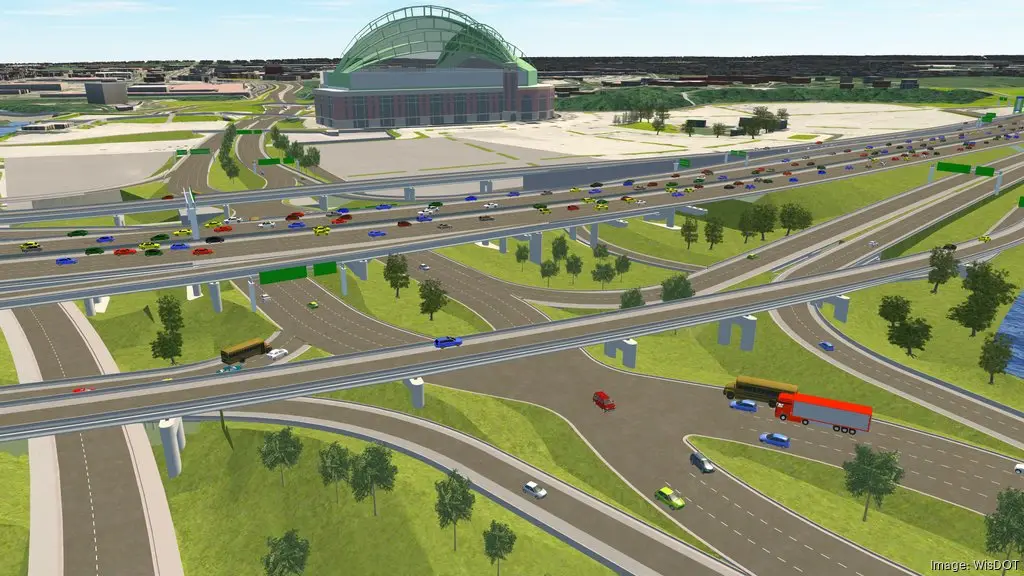 BPI Color's 2024 Year in Review 4 I-94 East-West Freeway Corridor digital rendering of a complex multi-level highway interchange near American Family Field in Milwaukee, featuring high traffic flow.