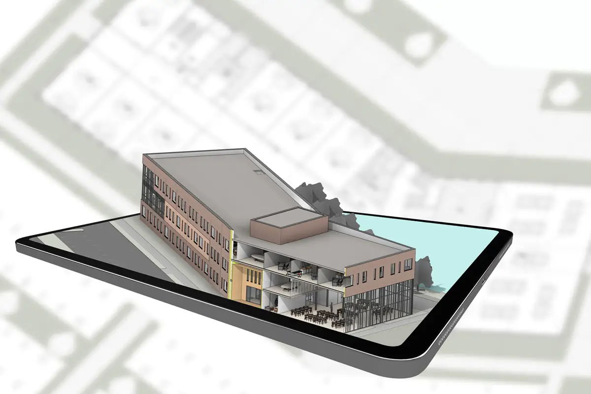 BPI Color's 2024 Year in Review 7 BIM Digital Model displayed on a digital tablet with cross-sectional detail, illustrating Building Information Modeling used in architectural planning.
