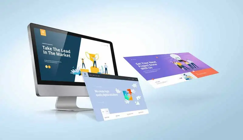 Web Design concept showing a desktop computer with multiple digital interface mockups floating in a modern, minimalist 3D environment.