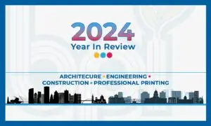 2024 Year in Review Banner featuring bold typography, colorful gradient numbers, A/E/C industry icons, and skylines of Milwaukee and Madison.