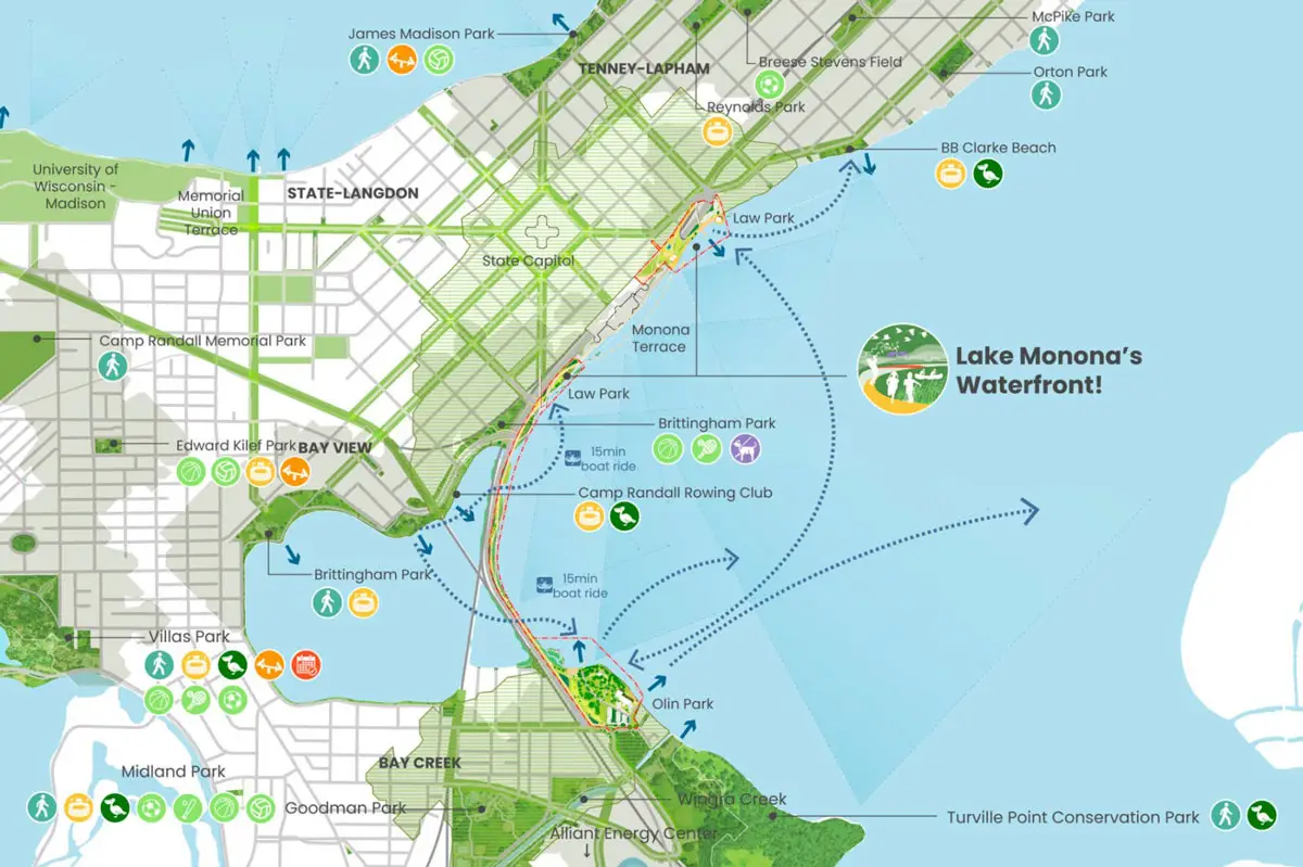 BPI Color's 2024 Year in Review 2 Lake Monona Waterfront illustrated map highlighting parks, bike paths, pedestrian routes, and recreational zones along the shoreline in downtown Madison, Wisconsin.