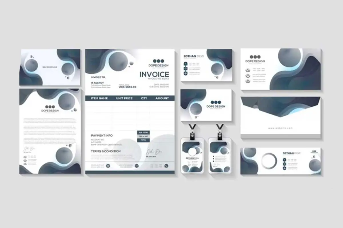 BPI Color's 2024 Year in Review 12 Short Run Printing example of full business branding set, including invoice, business cards, envelopes, ID badges, and letterhead with modern abstract design.
