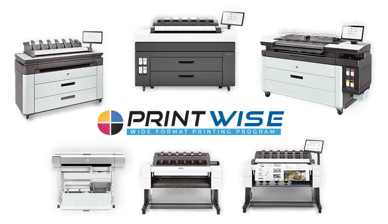 HP Wide Format Collage featuring six HP wide format printers including the DesignJet and PageWide XL series, arranged around the HP logo on a white background.