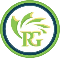 RG Professional Landscaping Logo featuring stylized green and yellow leaf shapes with the initials "RG" in a circular green and navy border.