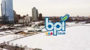 Milwaukee Wisconsin winter cityscape featuring the Milwaukee Art Museum and frozen lakefront, overlaid with the BPI Color logo.