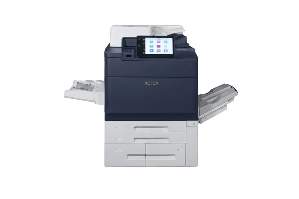 Xerox® PrimeLink® C9200 Printer with feeder trays and output trays extended, ready for high-capacity printing.