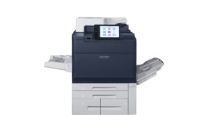 Home 126 Xerox® PrimeLink® C9200 Printer with feeder trays and output trays extended, ready for high-capacity printing.