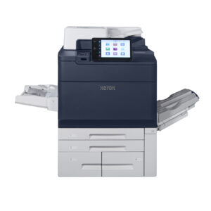 Lexmark CX962 Multifunction Printer 8 Xerox® PrimeLink® C9200 Printer with feeder trays and output trays extended, ready for high-capacity printing.