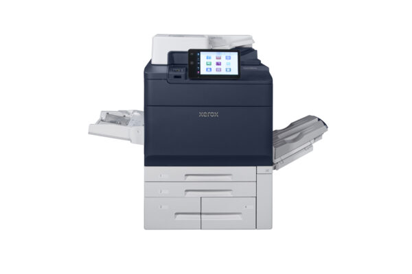 Xerox® PrimeLink® C9200 Printer with feeder trays and output trays extended, ready for high-capacity printing.