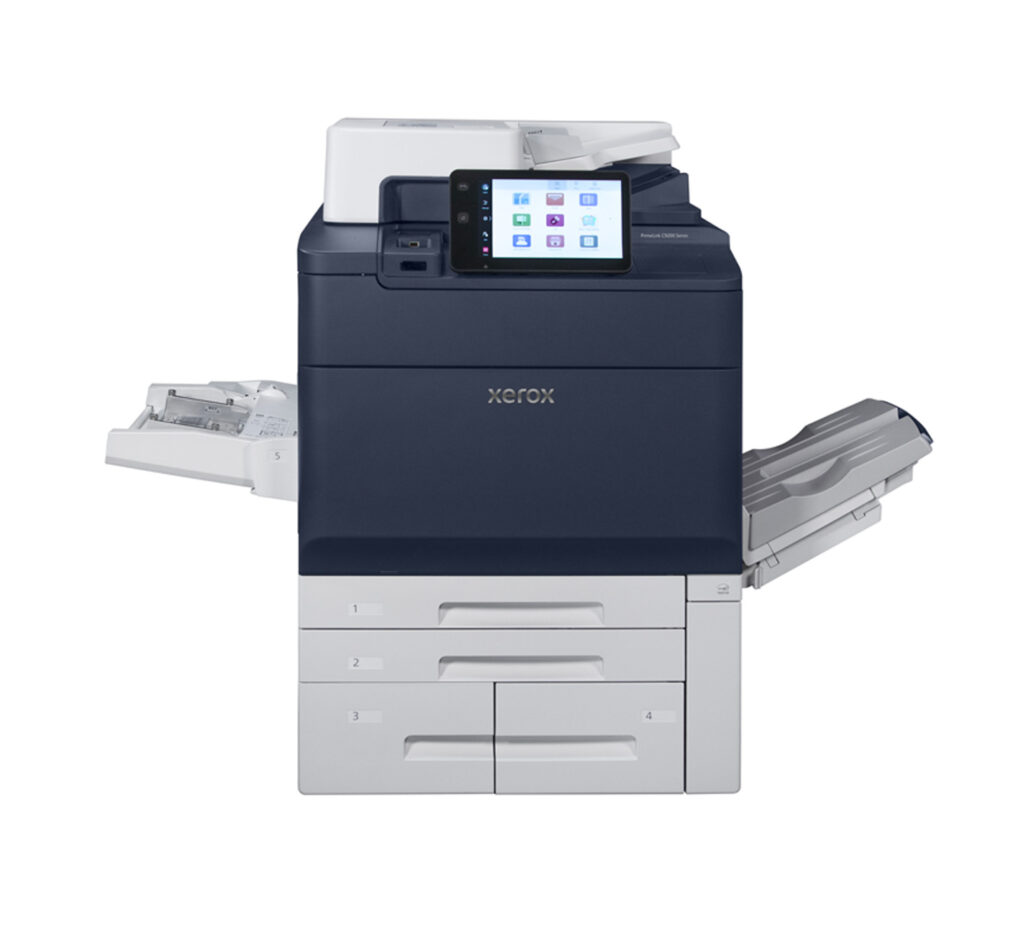 Xerox® Printers - Which is Right for You? 4 Xerox® PrimeLink® C9200 Printer with touchscreen interface, multiple paper trays, and side output trays for high-volume office use.