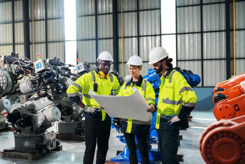 Team of three construction workers looking at a blueprint.