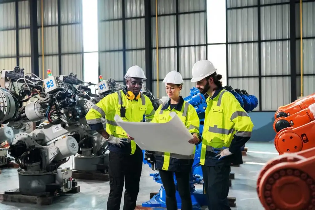 AEC Team of engineers wearing high-visibility gear and hard hats review construction blueprints in a manufacturing facility with industrial robotic arms.
