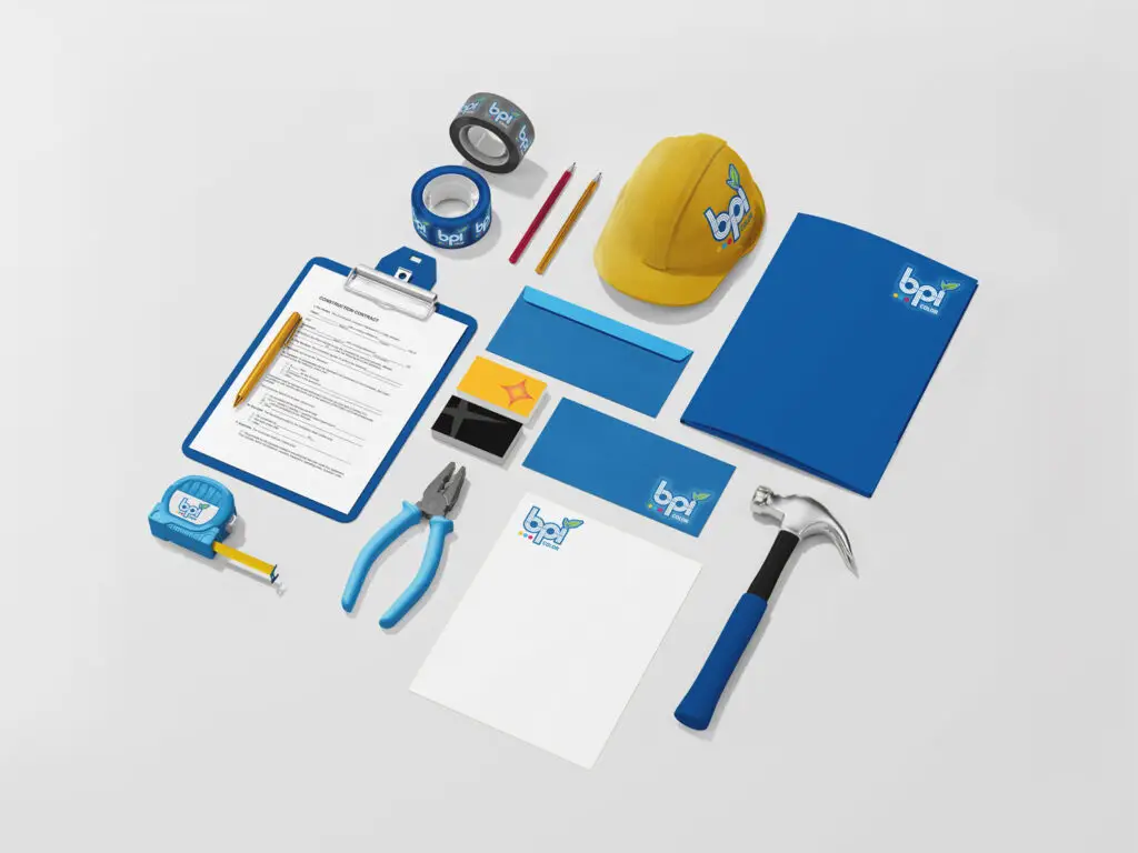 BPI Color Promo Product Flat Lay featuring branded construction tools, stationery, safety gear, and promotional office supplies on a white background.