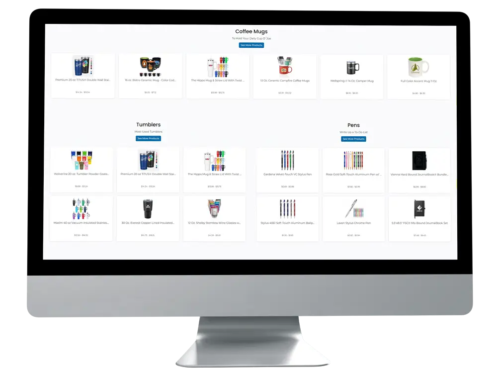 Promotional Products displayed on a desktop screen, featuring a selection of custom mugs, tumblers, pens, and journals available for branding.