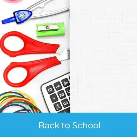 Educational Promotional Products including red scissors, a calculator, sharpener, rubber bands, and school tools ideal for back-to-school campaigns.