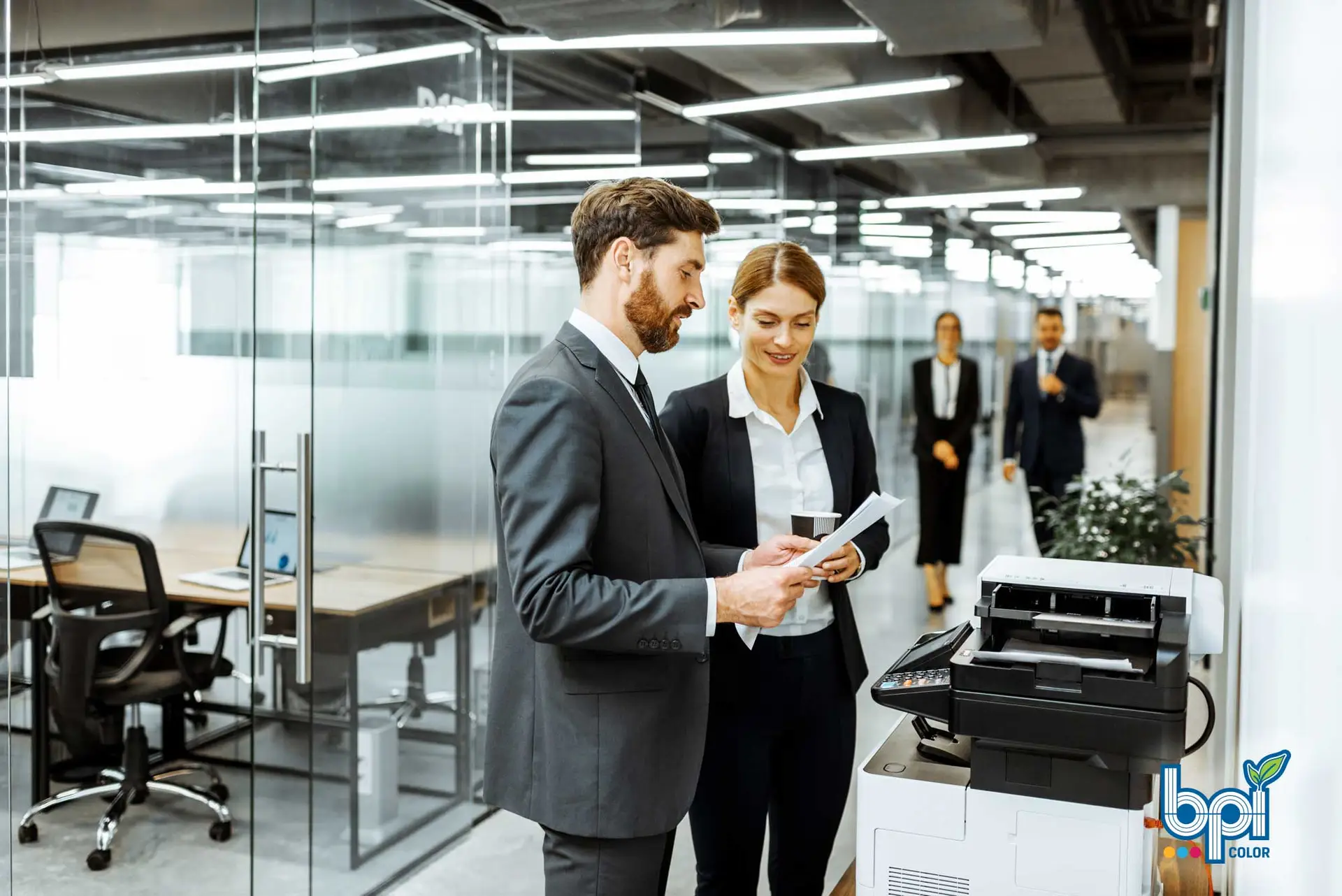 Xerox Office Printer Setup showing two professionals reviewing printed documents next to a multifunction printer in a modern glass-walled office environment.