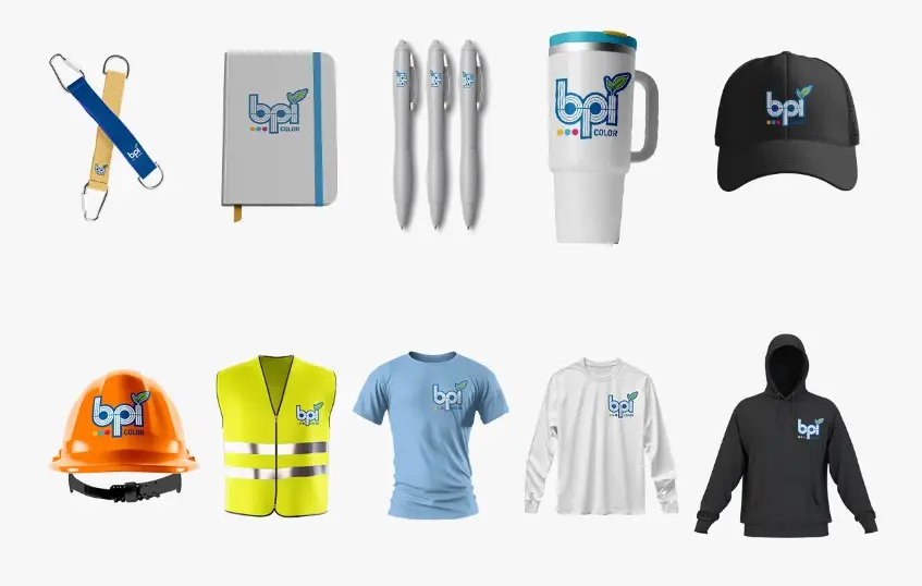 Promotional Product Grid featuring branded BPI Color items including pens, notebooks, mugs, hats, apparel, safety gear, and office accessories.