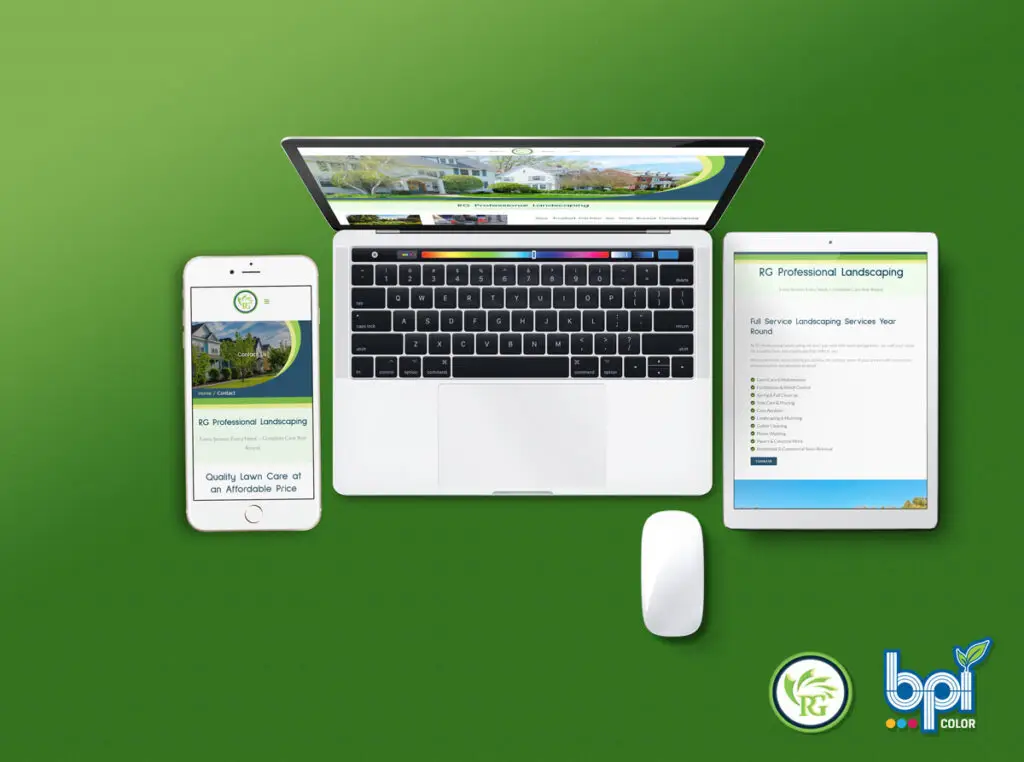 RG Pro Landscaping website mockup displayed on a smartphone, laptop, and tablet, showcasing responsive design and lawn care service branding on a green background.