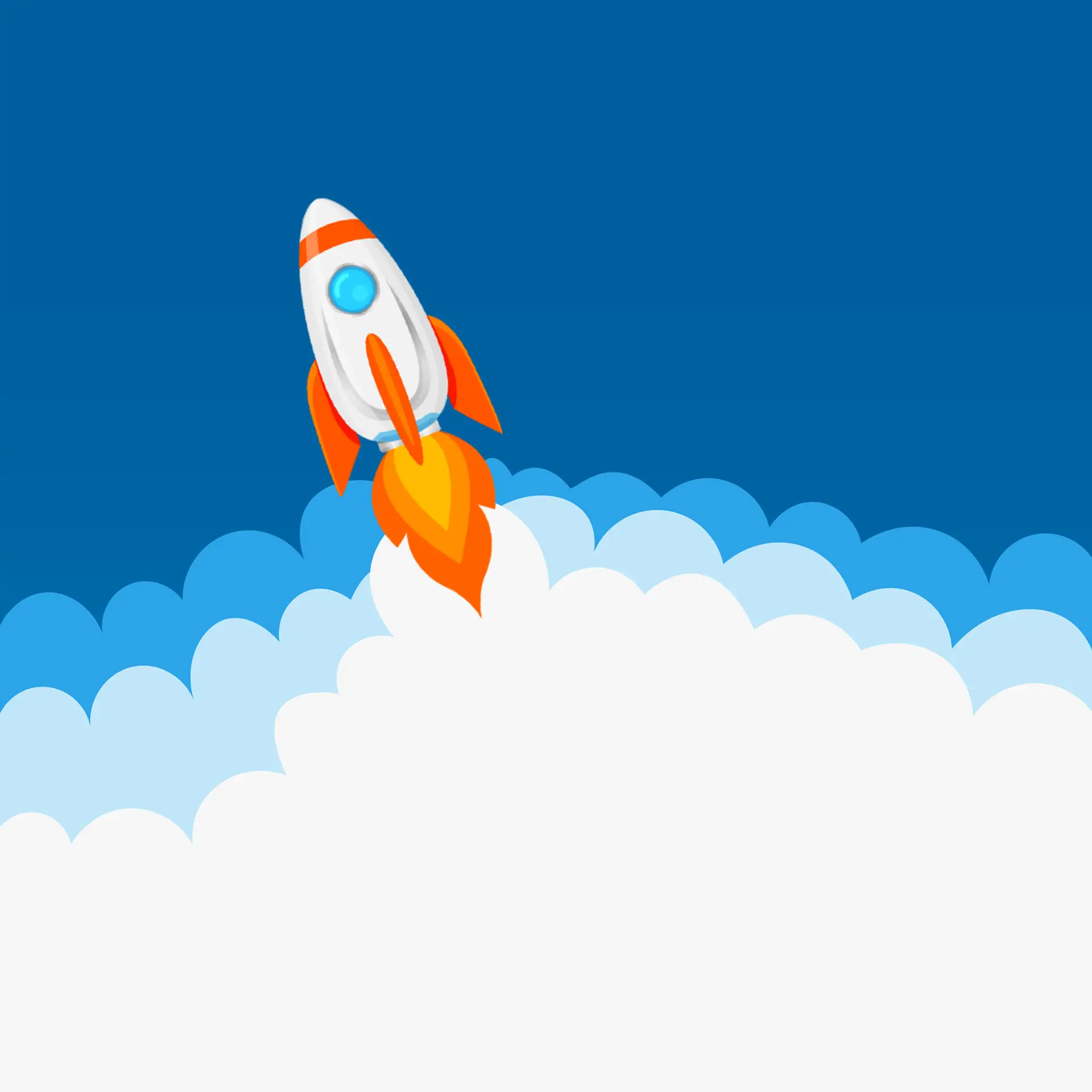 Rocket and Plumes illustration showing a cartoon rocket launching into the sky with bright flames and thick white smoke trailing through layered blue clouds.