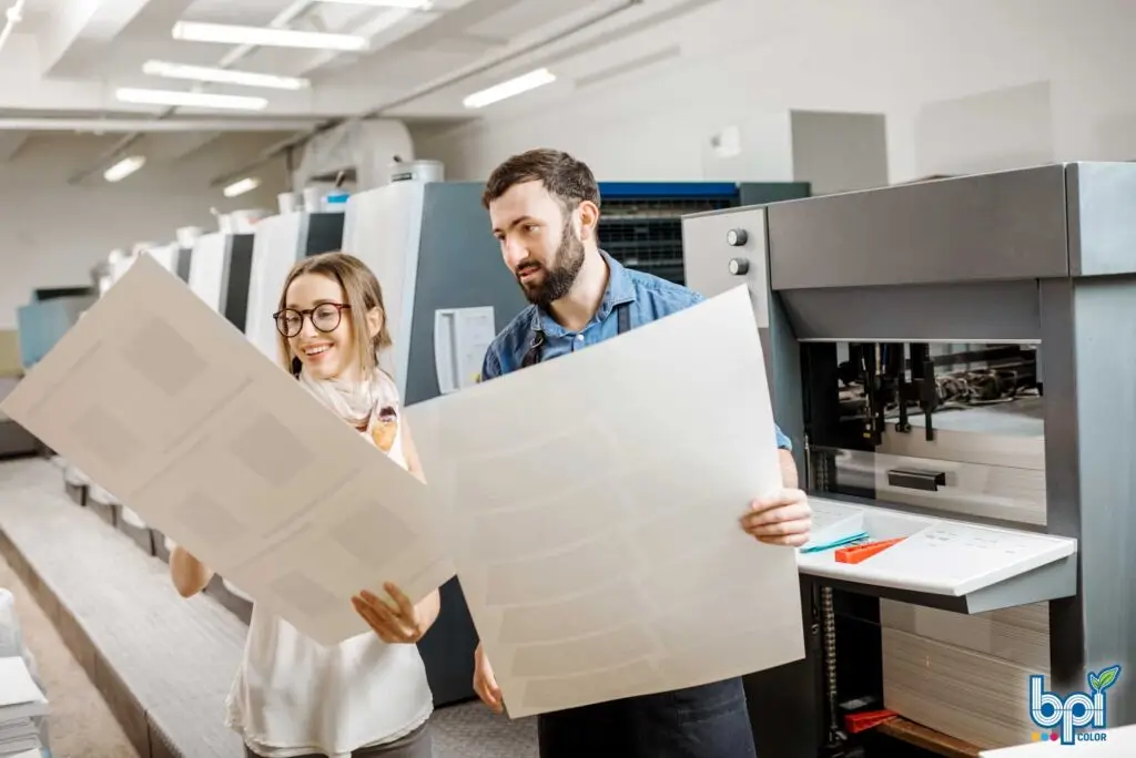 Wide Format Printing professionals reviewing printed sheets in a modern print production facility, with BPI Color branding in the bottom corner.