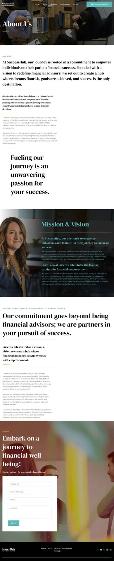 About Us Page Template detailing the mission, vision, and team dedication to client financial success.