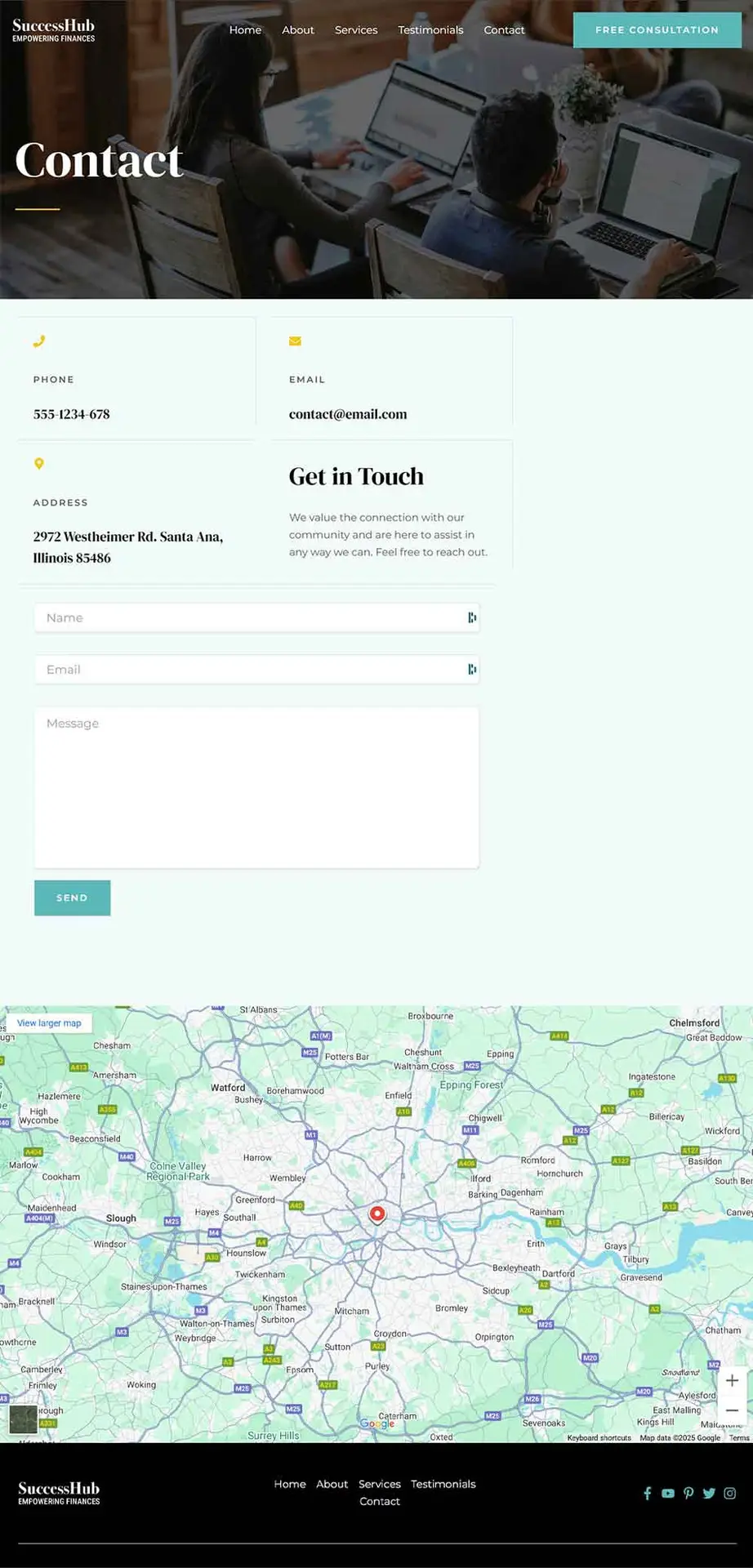 Contact Page Template with interactive form, location map, and essential business contact details.
