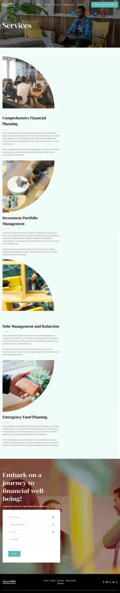Services Page Template showcasing financial planning offerings including portfolio management and debt reduction strategies.