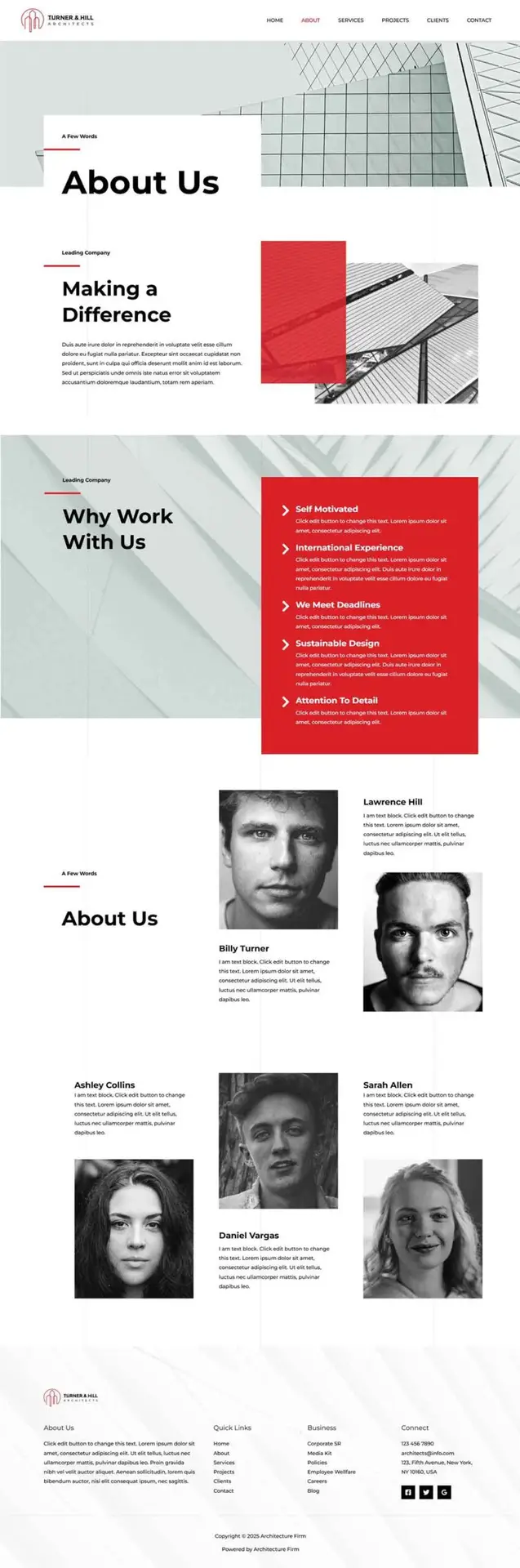 About Us Page Template featuring team bios, company values, and project philosophy.