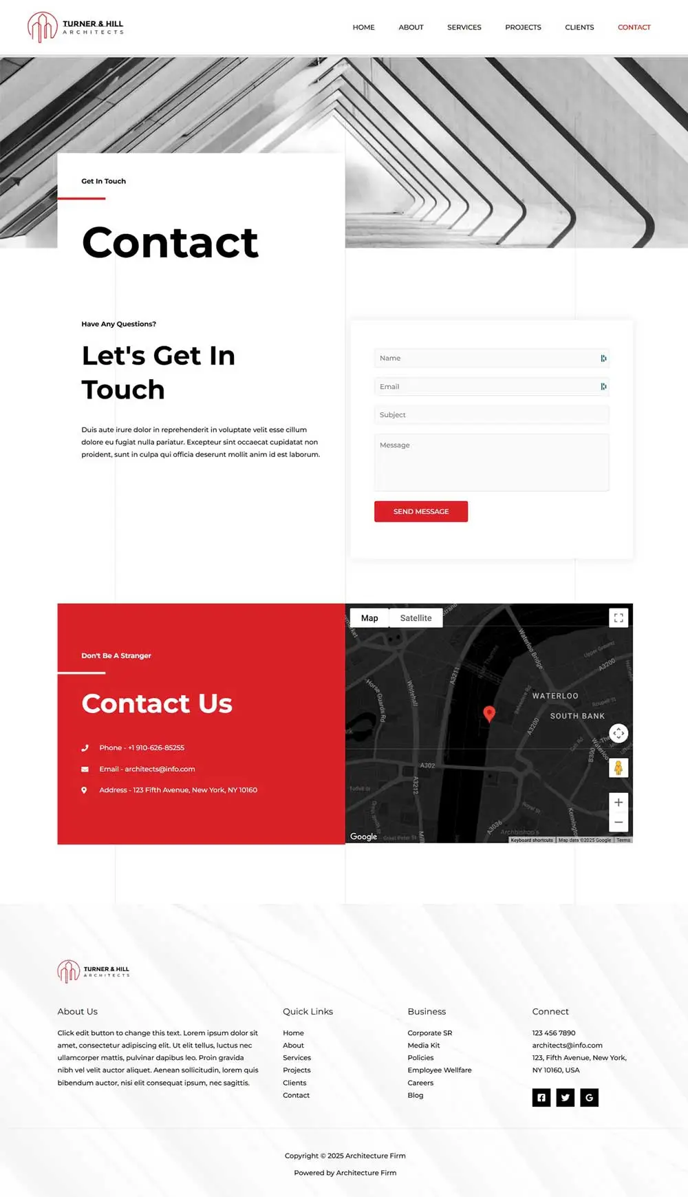 Contact Page Template with an embedded map, contact form, and company details.