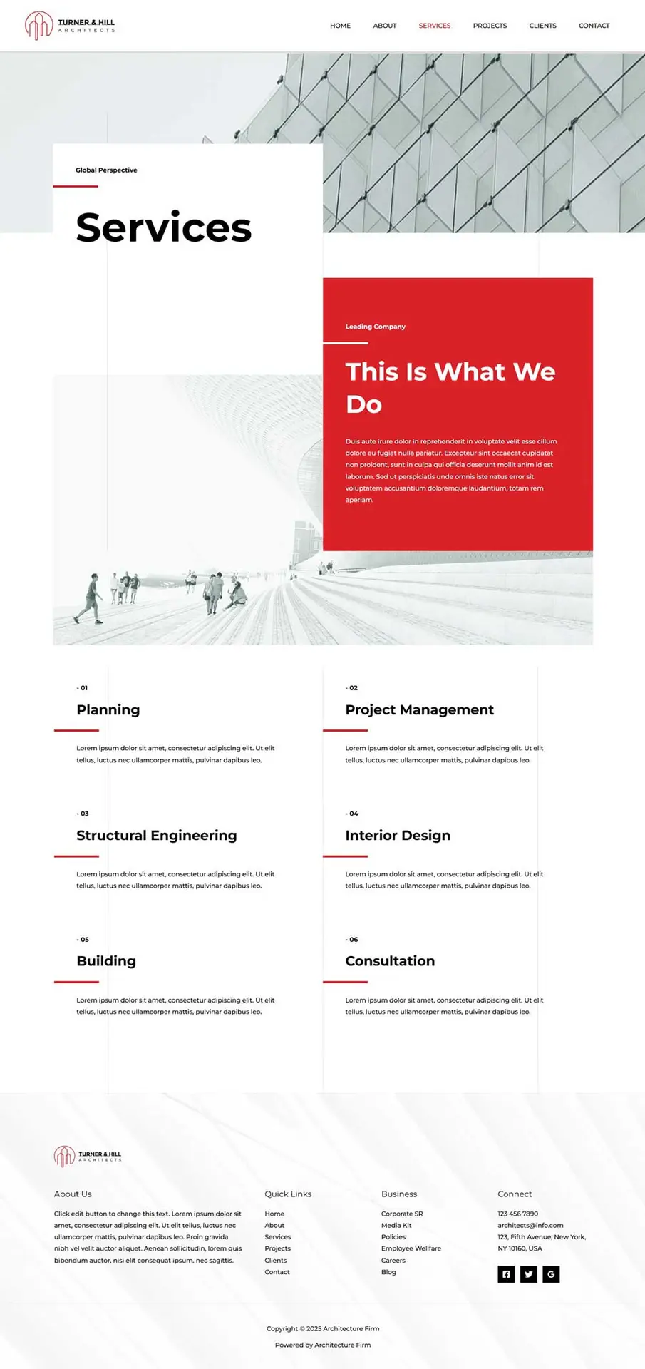 Services Page Template showcasing detailed descriptions for planning, engineering, interior design, and project management.