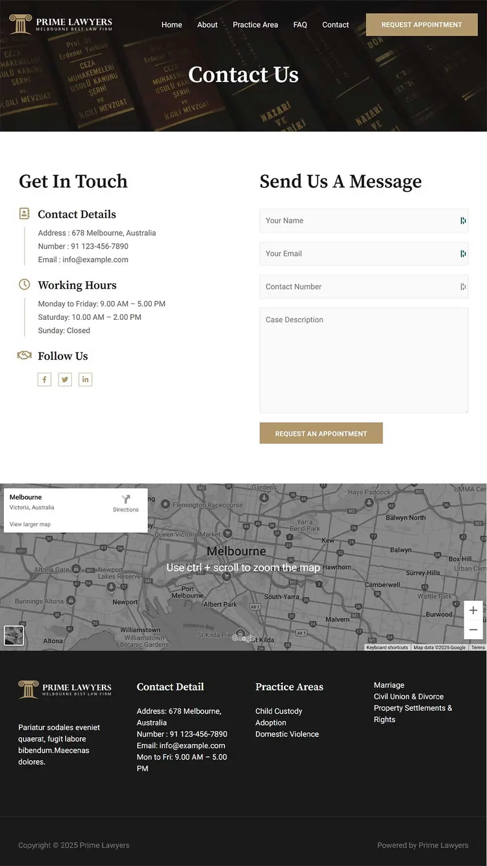 Contact Page for an Attorney contact layout featuring a message form, contact details, working hours, and a map highlighting Melbourne, Australia.