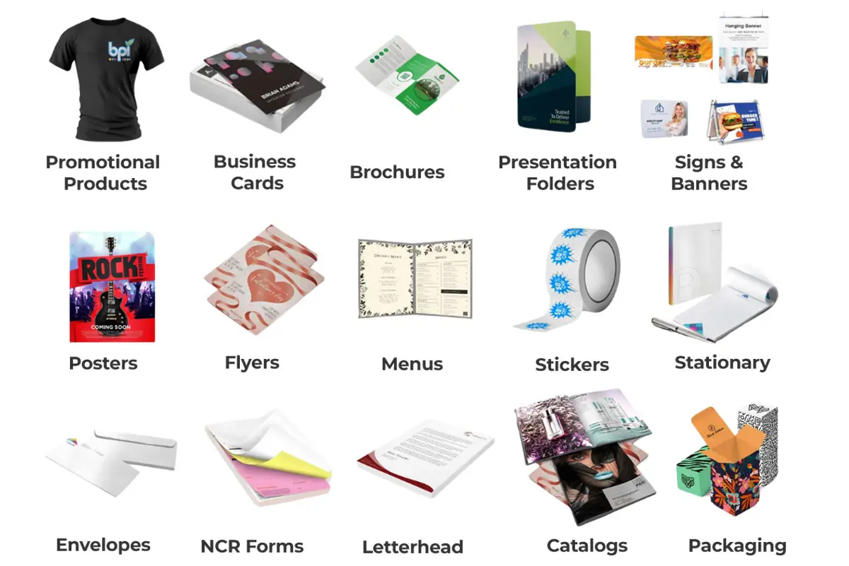 Business Printing Products grid showing a wide variety of custom print items including brochures, business cards, packaging, signage, and promotional products.