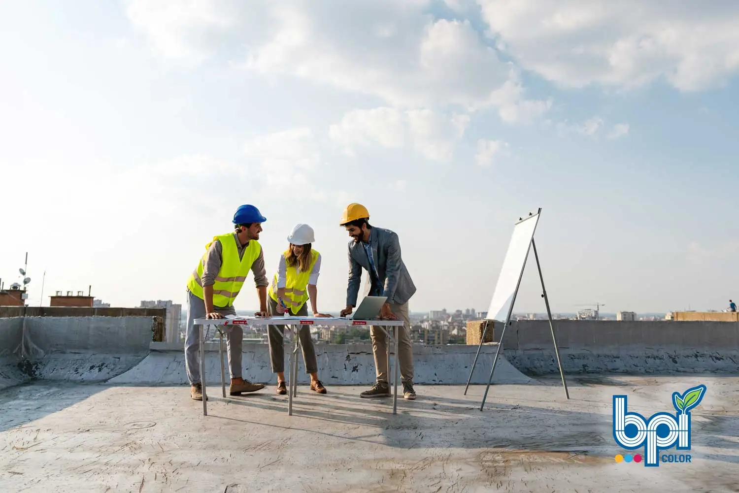 Construction Team of professionals in safety vests and hard hats collaborating on a rooftop site with blueprints, laptop, and easel during a project discussion.