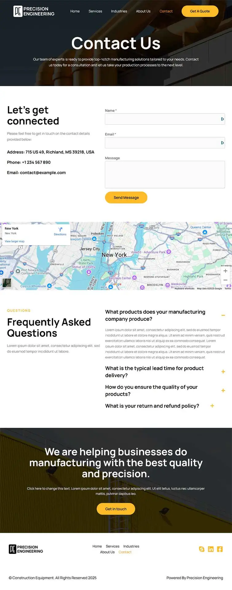 Contact Page for a Contractor's website with form, contact details, FAQ, and map for easy communication.