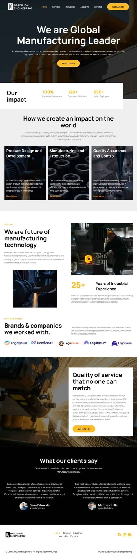 Home Page for a Contractor's website showcasing manufacturing leadership, service highlights, client logos, and testimonials.