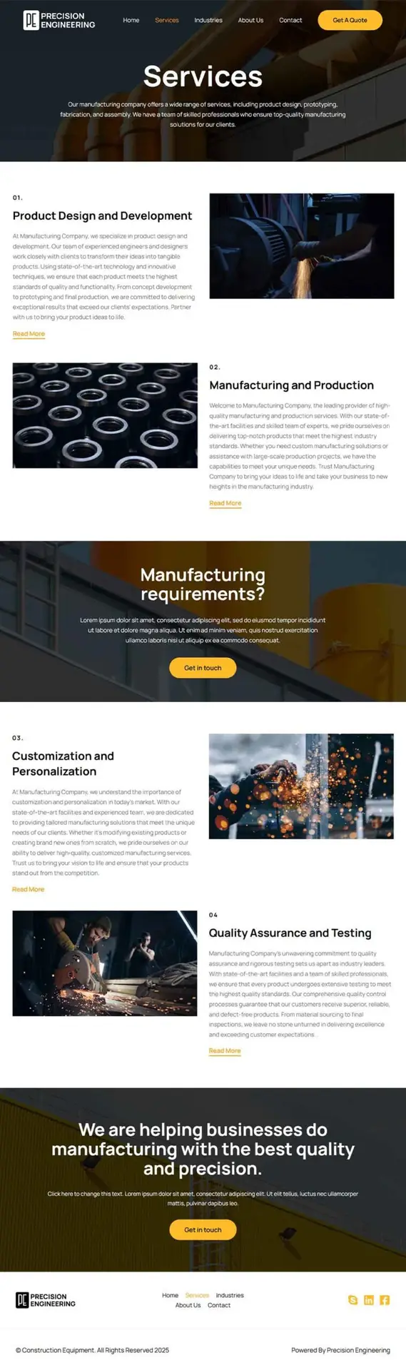 Services Page for a Contractor's site featuring product design, manufacturing, customization, and quality assurance with bold images.