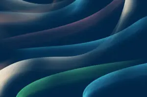 Abstract waves in green and blue tones flow across a dark background, creating a smooth, layered gradient pattern with soft lighting effects.