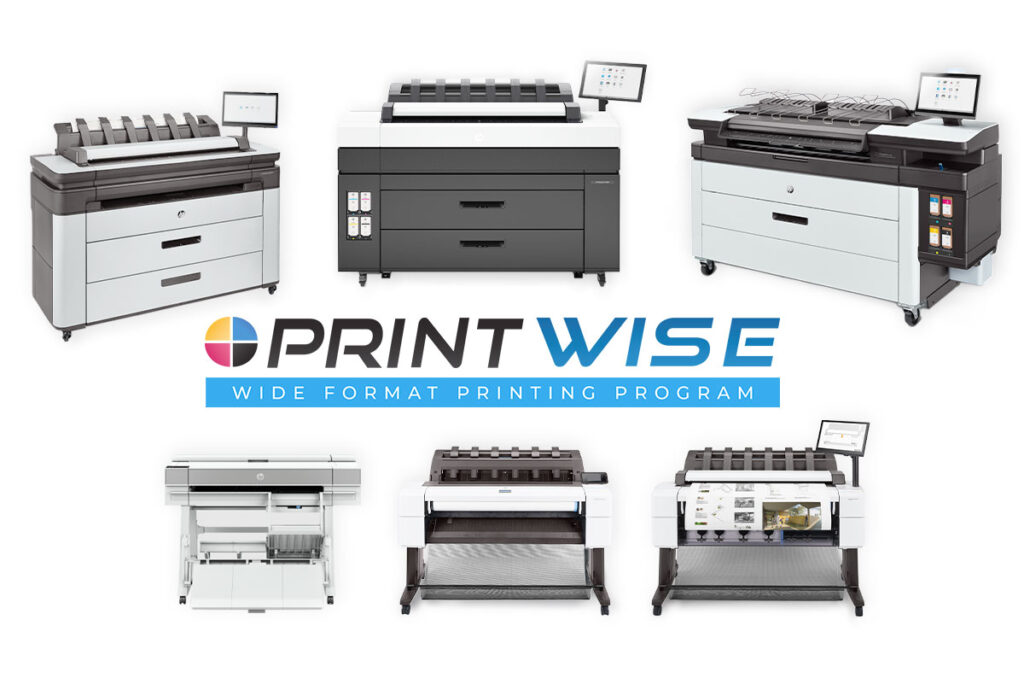 PrintWise Printer Collage featuring a selection of HP wide-format printers from the PrintWise program, including multifunction and production models with touchscreen controls.