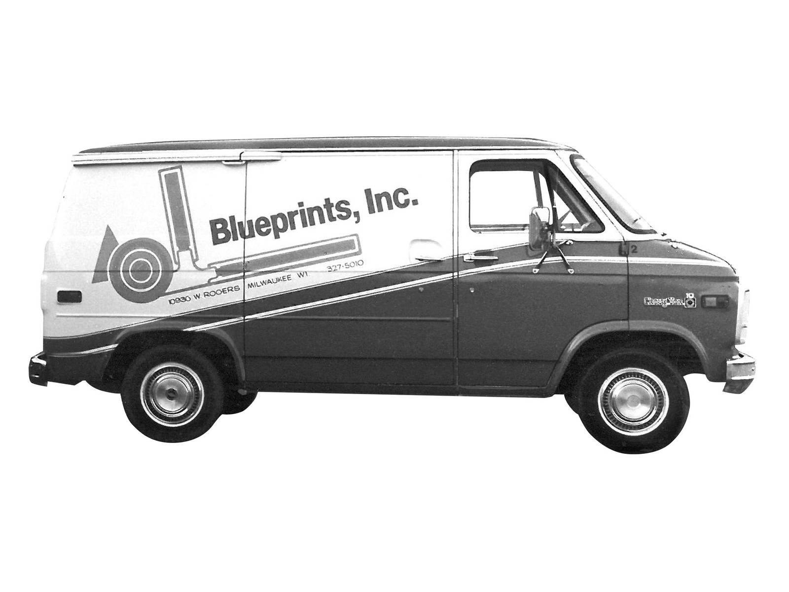 Black and white image of old BPI Color delivery van.