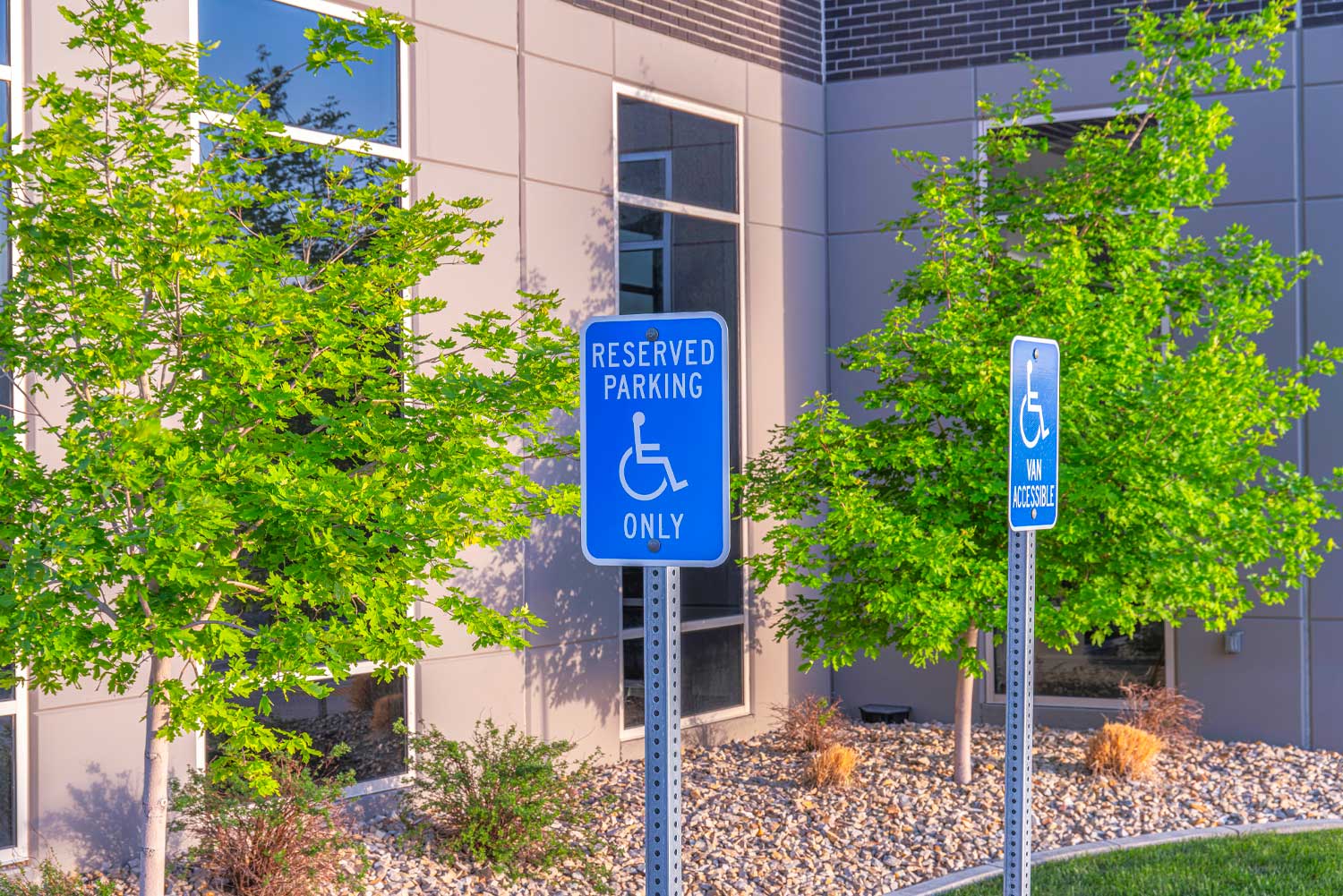 Accessible parking lot signage.