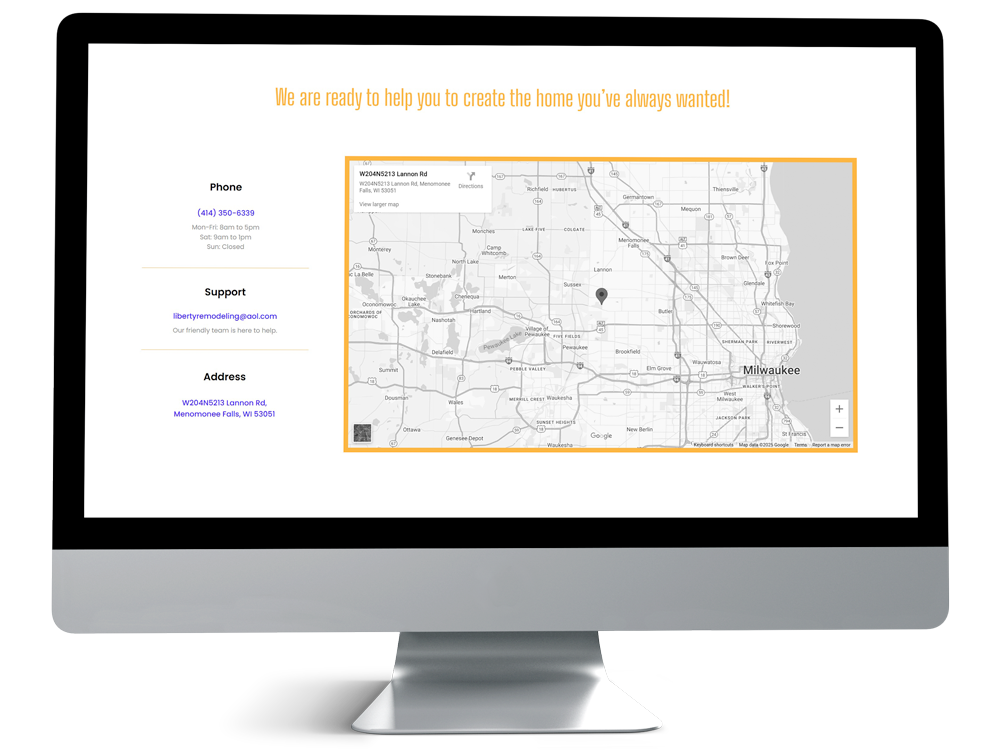 Contact page of Liberty Remodeling & Construction’s website shown on a desktop screen with map and contact details.