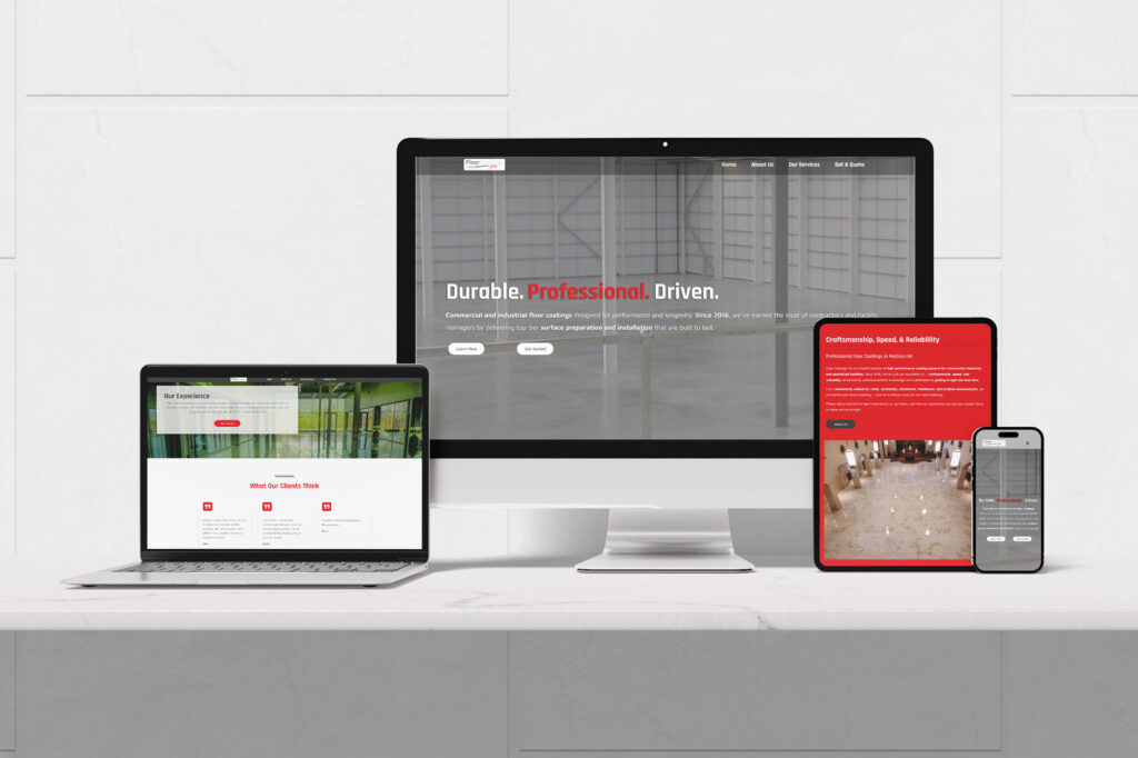 Floor Coatings Pro website displayed on a laptop and smartphone showcasing responsive design and professional branding on wood floor background.