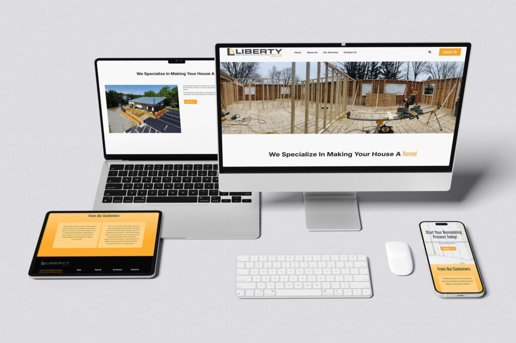 Liberty Remodeling & Construction website displayed on desktop, laptop, tablet, and smartphone showing responsive design and clear home remodeling branding.