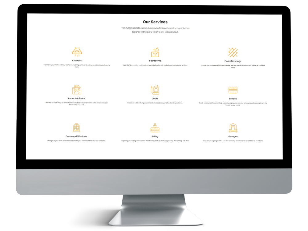 Desktop screen displaying the “Our Services” section of Liberty Remodeling & Construction’s website, featuring icons and brief descriptions for services including kitchens, bathrooms, floor coverings, room additions, decks, fences, doors and windows, siding, and garages.