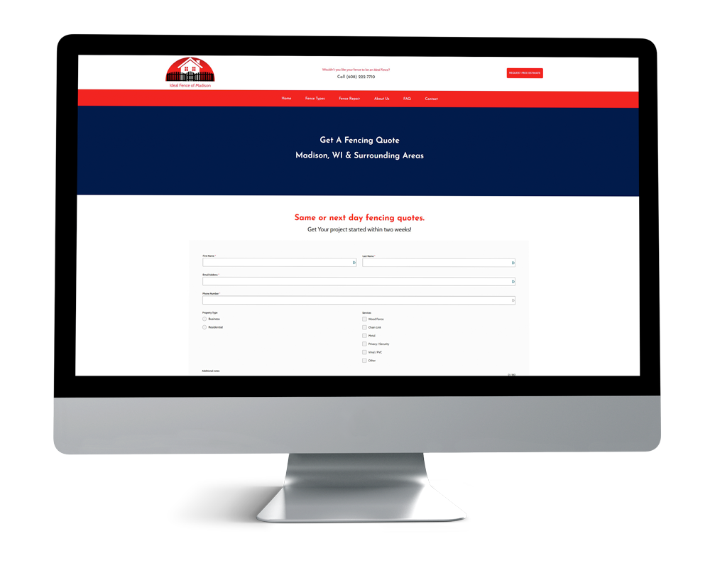 Ideal Fence of Madison contact form page displayed on a desktop screen, offering fencing quotes for Madison, WI and surrounding areas.