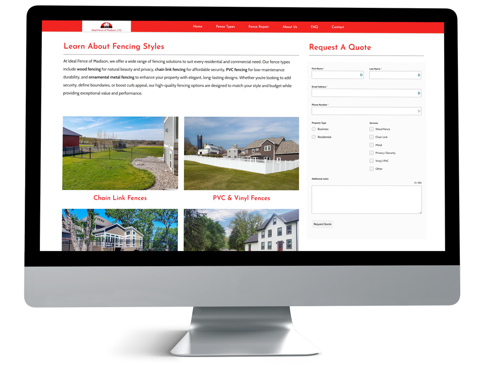 Ideal Fence of Madison fencing styles page on a desktop monitor, showcasing chain link, vinyl, and ornamental fencing options with quote form.